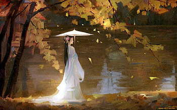 Girl with Umbrella, umbrella, anime, art, Mo Dao Zu Shi, autumn, girl, water HD wallpaper