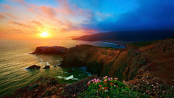 Sunset at Marin Headlands, Golden Gate National Recreation Area, wildflowers, coast, clouds, colors, USA, sky, sun, California HD wallpaper