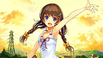 Cute, two ponytails, anime girl, arms up HD wallpaper