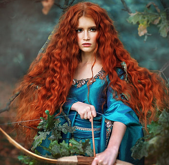 Merida, model, cosplay, archer, girl, redhead, princess, woman, blue HD wallpaper