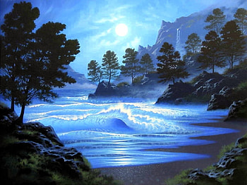 Midnight Blue, blue, sea, seascapes, beaches, attractions in dreams, paradise, paintings, summer, love four seasons, waves, nature, sky, moons HD wallpaper