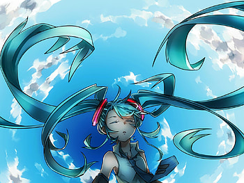 Hatsune Miku, awesome, tears, nice, hatsune, aqua eyes, white, twintail, girl, headset, singer, aqua, anime, pretty, virtual, blue, black, song, heads, cute, vocaloid, beauty, miku, music, vocaloids, crying, program, beautiful, diva, dark, sad, aqua hair, cool, clouds, sky, idol, micro HD wallpaper