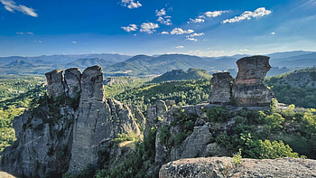 The Belogradchik Rocks, Bulgaria, clouds, trees, landscape, sky, hills HD wallpaper