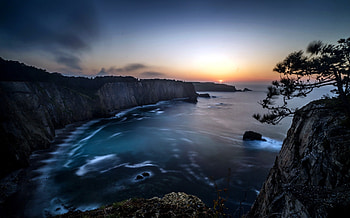 Coast, cliff, blue ocean, nature, sea, sunset HD wallpaper