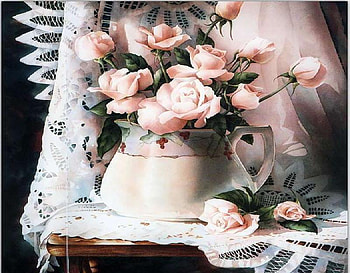 Pink Roses Still Life, still life, table, pitcher, painting, pink roses, cloth, lace HD wallpaper