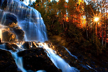 ★Waterfall Sunset★, graphy, sunsets, attractions in dreams, colors, forests, waterfalls, beautiful, rocks, creative pre-made, love four seasons, scenery, trees, autumn, nature, fall season, stunning HD wallpaper