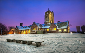 dusk in winter r, winter, bench, lights, snow, building, r, dusk, hill HD wallpaper