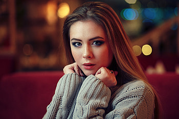 Beautiful, woman, sweater, bokeh HD wallpaper