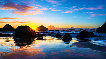 Bandon Beach, Oregon, at sunset, sea, colors, clouds, sky, rocks, sunset, usa HD wallpaper