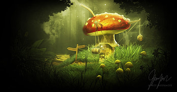 The mushroom, fantasy, yellow, green, house, red, jarrod hasenjager, luminos, mushroom HD wallpaper