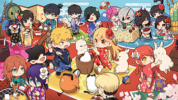 Chibi Chainsaw Man Crew Anime Celebration, chibi, Power (Chainsaw Man), Denji (Chainsaw Man), Anime, Chainsaw Man HD wallpaper