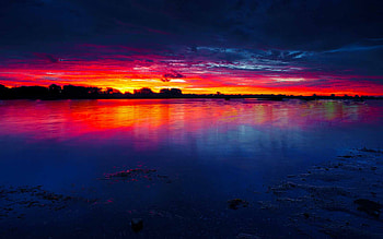 Passing By, blue, reflection, ember, trees, forest, lake, sunset HD wallpaper