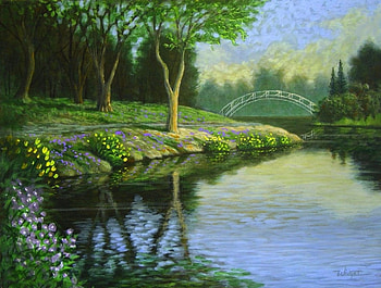 Morning at Park, attractions in dreams, paradise, paintings, spring, summer, parks, love four seasons, lakes, trees, draw and paint, nature, flowers, bridges HD wallpaper