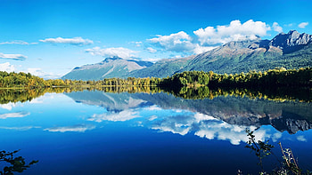 Reflections Lake, Anchorage, Alaska, water, reflections, clouds, landscape, sky, mountains, usa HD wallpaper
