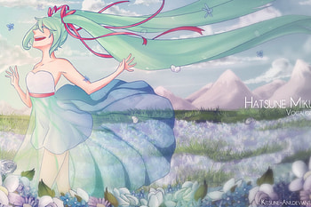~Euphoria~, running, hatsune miku, vocaloid, long hair, scenery, anime, fields, clouds, flowers, sky, happiness, mountains HD wallpaper