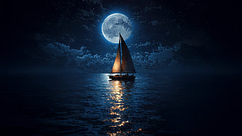 Sailboat Under Full Moon, sailboat, moon, stars, star, sky, sea, ocean, artist, artwork, art, digital-art, ai HD wallpaper