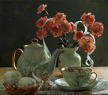porcelain glaze, table, ribbon, dessert, vase, cup, coffee, flowers, saucer, teapot HD wallpaper