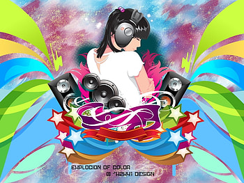 Musical Color Explosion, stripes, music, heads, colors, girl, stars HD wallpaper