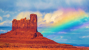 A rainbow over Monument Valley Tribal Park, Arizona, clouds, sky, rocks, usa, mountain HD wallpaper