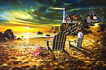 Seaside Rendezvous, sea, lighthouse, beach, chairs, artwork, painting, clouds, hat, sunset HD wallpaper
