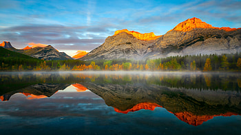 Mount Kidd at Wedge Pond, Kananaskis County, Alberta, landscape, clouds, sky, water, canada, mountains, reflections HD wallpaper