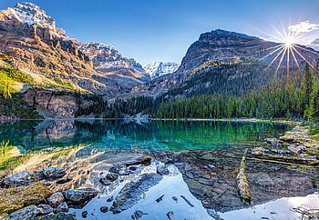 Lake O'Hara, Canada, reflection, mountains, water, sun, rocks HD wallpaper