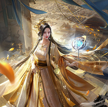 Fantasy girl, fantasy, yellow, girl, dress, princess, samzzz jin, golden, frumusete, gorgeous, superb, heceng HD wallpaper