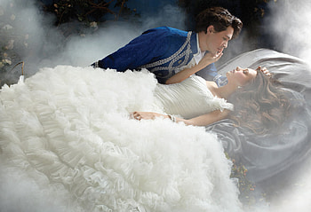 Sleeping Beauty, man, lovers, beautiful, beauty, woman, white dress, fantasy, prince, flowers, princess, bride HD wallpaper