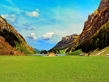 Mountain houses, blue, peaks, houses, nice, cottages, greenery, hills, slopes, beautiful, grass, fresh, rocks, mountain, pretty, green, cabins, clouds, nature, sky, lovely HD wallpaper