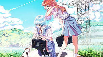 Neon Genesis Evangelion, Rei Ayanami, Asuka Langley Sohryu, Anime, Cat, Evangelion HD wallpaper