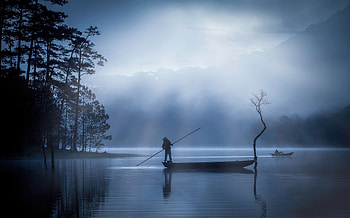 Twilight, Lake, Miscellanea, Miscellaneous, Fog, Dusk, Boat, Human, Person HD wallpaper