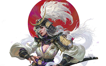 Ashina, white, fantasy, samurai, red, sun haiyang, warrior, armor HD wallpaper