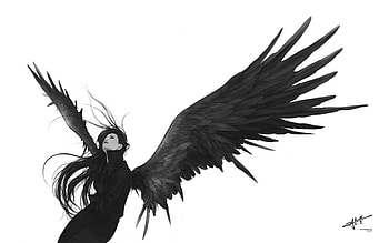 Contemplation of an Angel, wings, lone, white background, plain background, angel, long hair HD wallpaper