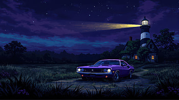 Forgotten Challenger By The Overgrown Cottage, ford-mustang, ford, cars, lighthouse, artwork, art, digital-art, artist, deviantart, ai HD wallpaper