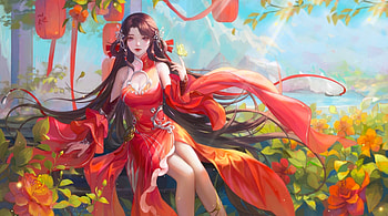 Red Veils, red, vels, , girl, woman, asian, art, oriental, digital, fantasy, pretty HD wallpaper