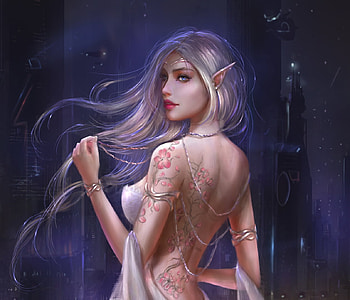 Elf beauty, blue, fantasy, tatiana hordiienko, tattoo, girl, elf HD wallpaper