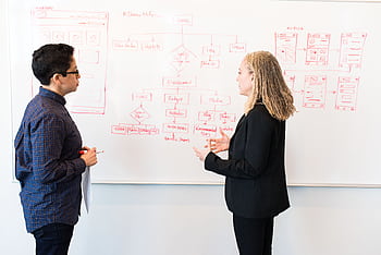 Two professionals brainstorming digital marketing ideas on a whiteboard. HD wallpaper