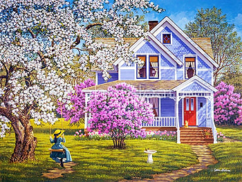 Lilacs and Lace, blossoms, house, painting, trees, garden, swing HD wallpaper