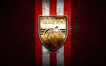 MS Kafr Qasim FC, golden logo, Leumit League, red metal background, football, Israeli football club, MS Kafr Qasim logo, soccer, MS Kafr Qasim HD wallpaper