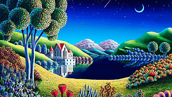 Blue Moon, artwork, hills, landscape, trees, building, flowers, dugital, lake HD wallpaper