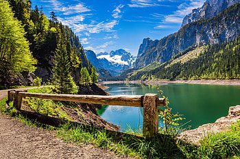 Lake Gosau, hills, beautiful, mountain, lake, serenity, tranquil, summer, fence, view, sky HD wallpaper