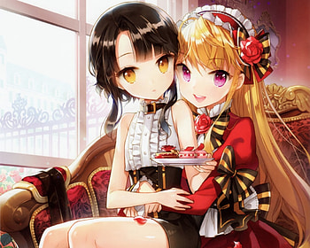 Let's Share, blond hair, blonde, sit, long hair, dress, nice, lady, sitting, maiden, short hair, , blonde hair, female, sweet, blond, girl, food, black hair, anime girl, anime, pretty, gown, lovely HD wallpaper