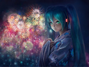 Girl with firework, night, cute girl, anime, entertainment, other, blue hair, firework, long hair HD wallpaper