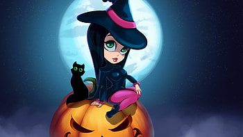 Cute witch and kitten Halloween art, , Adorable HD wallpaper