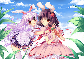 Reisen Udongein Inaba & Tewi Inaba, long hair, dress, short hair, rabbit, bow, brown eyes, skirt, reisen udongein inaba, brunette, ribbon, tewi inaba, bunny, pink, leaves, anime, ears, clouds, sky, girls, frilly HD wallpaper