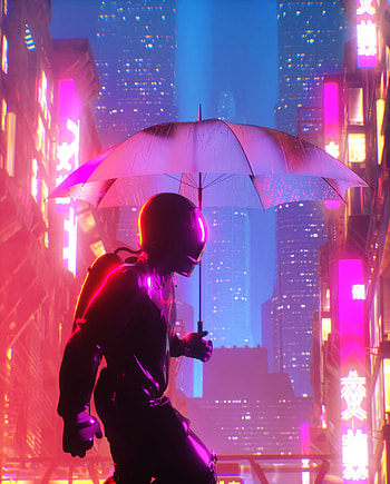 Art, City, Building, Cyberpunk, Neon, Glow, Umbrella, Cyborg HD phone wallpaper