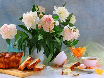 Tea with me, cups, pink, white, peonies, tea, loaf, fruit HD wallpaper