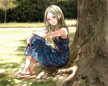 Under the Tree, blond hair, shadow, shade, blonde, cute, long hair, dress, blonde hair, female, sundress, sexy, blond, hot, girl, tree, anime girl, anime HD wallpaper