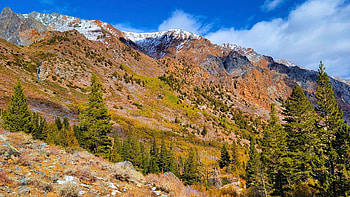Inyo National Forest, North California, landscape, clouds, trees, autumn, sky, mountains, rocks, usa HD wallpaper