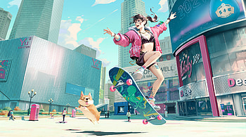 Skyline Anime Girl Skateboard With Dog, artist, artwork, digital-art, anime, artist, artstation HD wallpaper